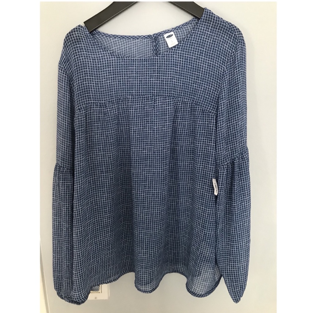 old navy grid blouse blue long sleeve top